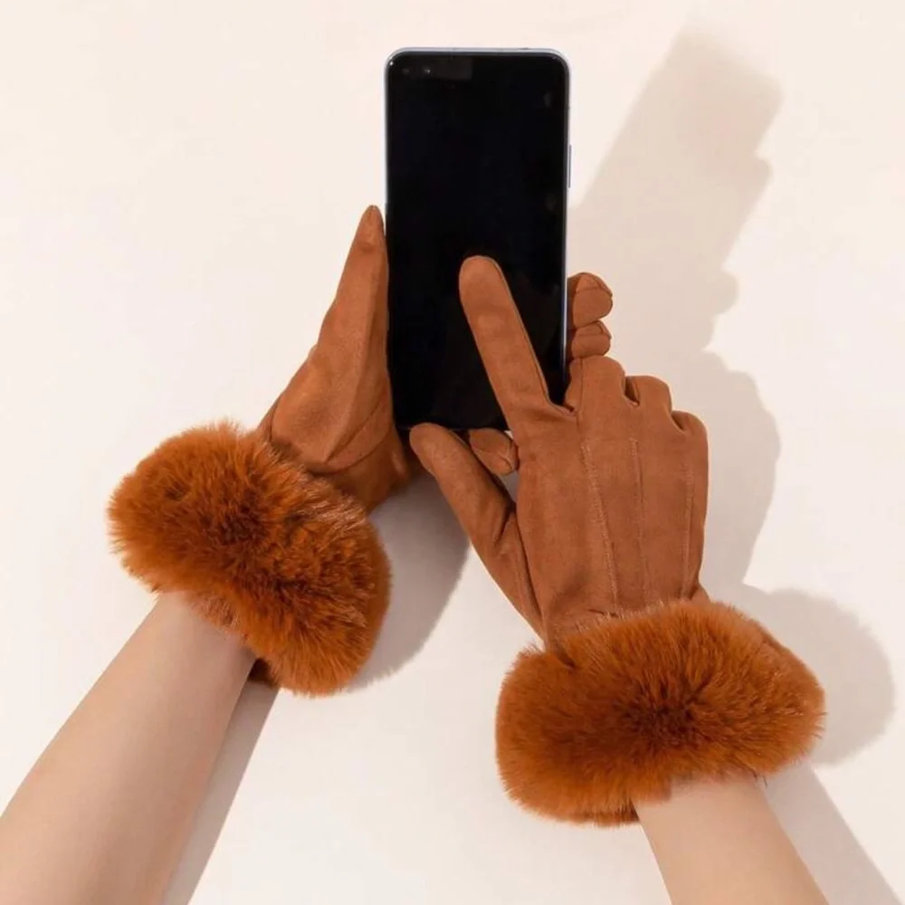 Cute 1pair Women's High Density Cuff Warm Gloves With Touchscreen Function